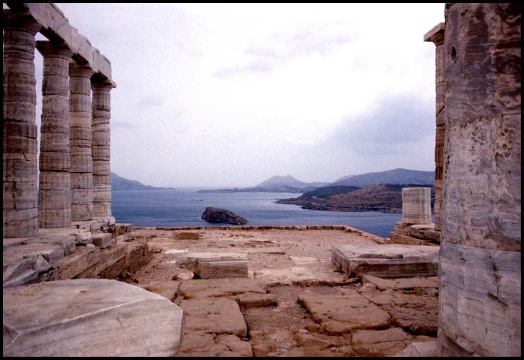 View of remote Greek harbor from ruins